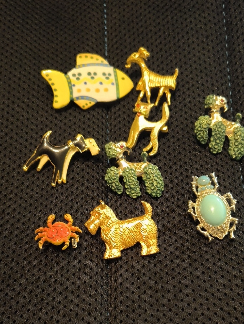 Vintage Animal Enamel & Gold Tone Pins - Fish, Dogs, Crab, Turtle